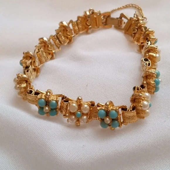 Vintage gold pearl, blue pearl, bracelet - Picture 1 of 8